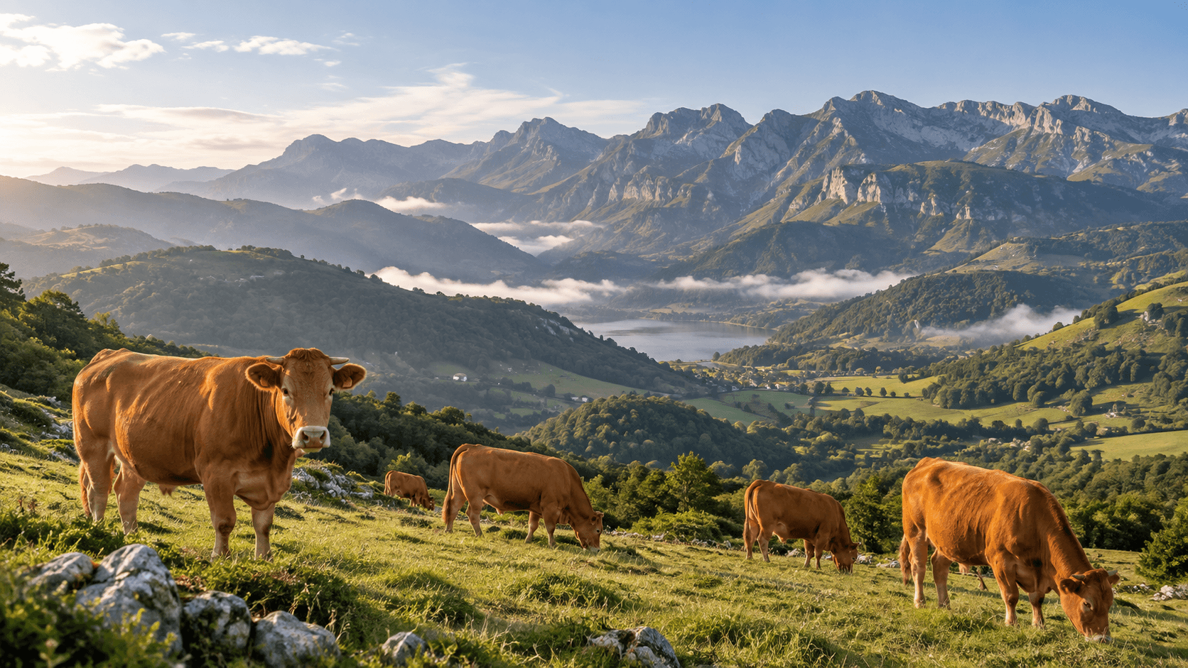 Ganado Limusino pastando en los valles de Cantabria con los Picos de Europa al fondo